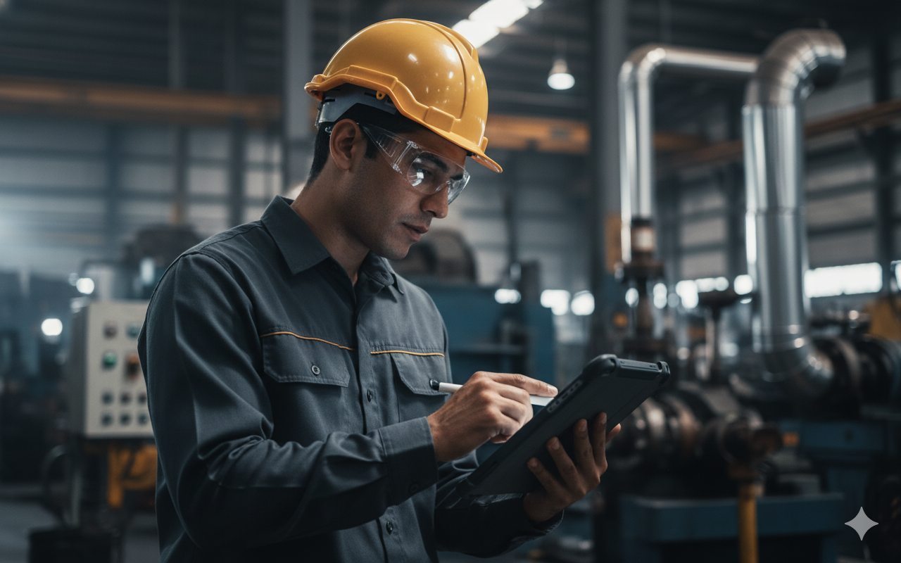 Hombre revisando planos industriales en una tableta